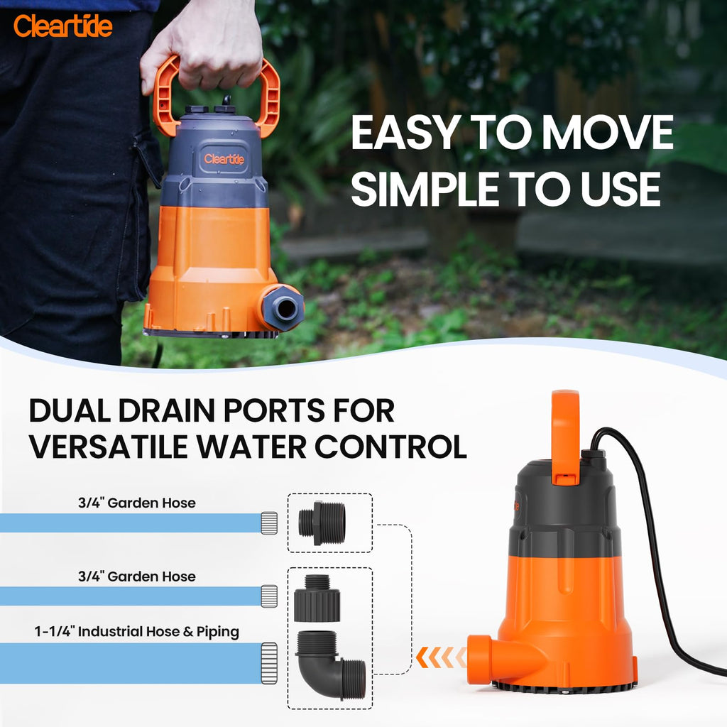 Cleartide 1/3 HP Submersible Utility Pump, 2790 GPH High Flow, Portable Sump Pump with Auto Water Sensor, Ideal for Pool, Flooded Basement, Hot Tub, Pond and Garden Draining