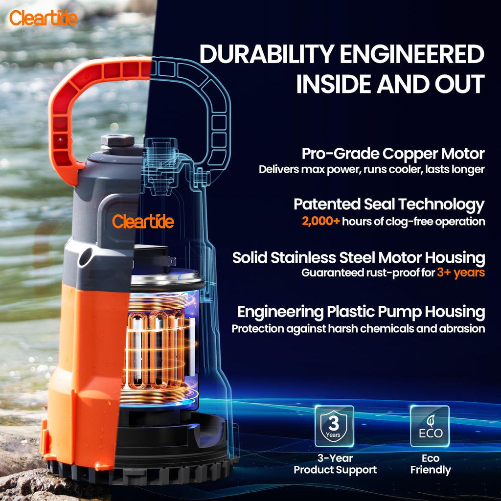 Cleartide 1/3 HP Submersible Utility Pump, 2790 GPH High Flow, Portable Sump Pump with Auto Water Sensor, Ideal for Pool, Flooded Basement, Hot Tub, Pond and Garden Draining