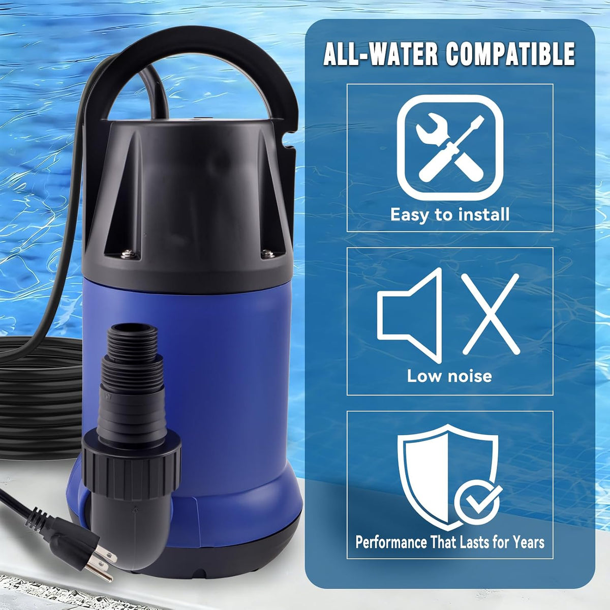 1.2HP Submersible Water Pump, 4000GPH Water Pump for Clean Water