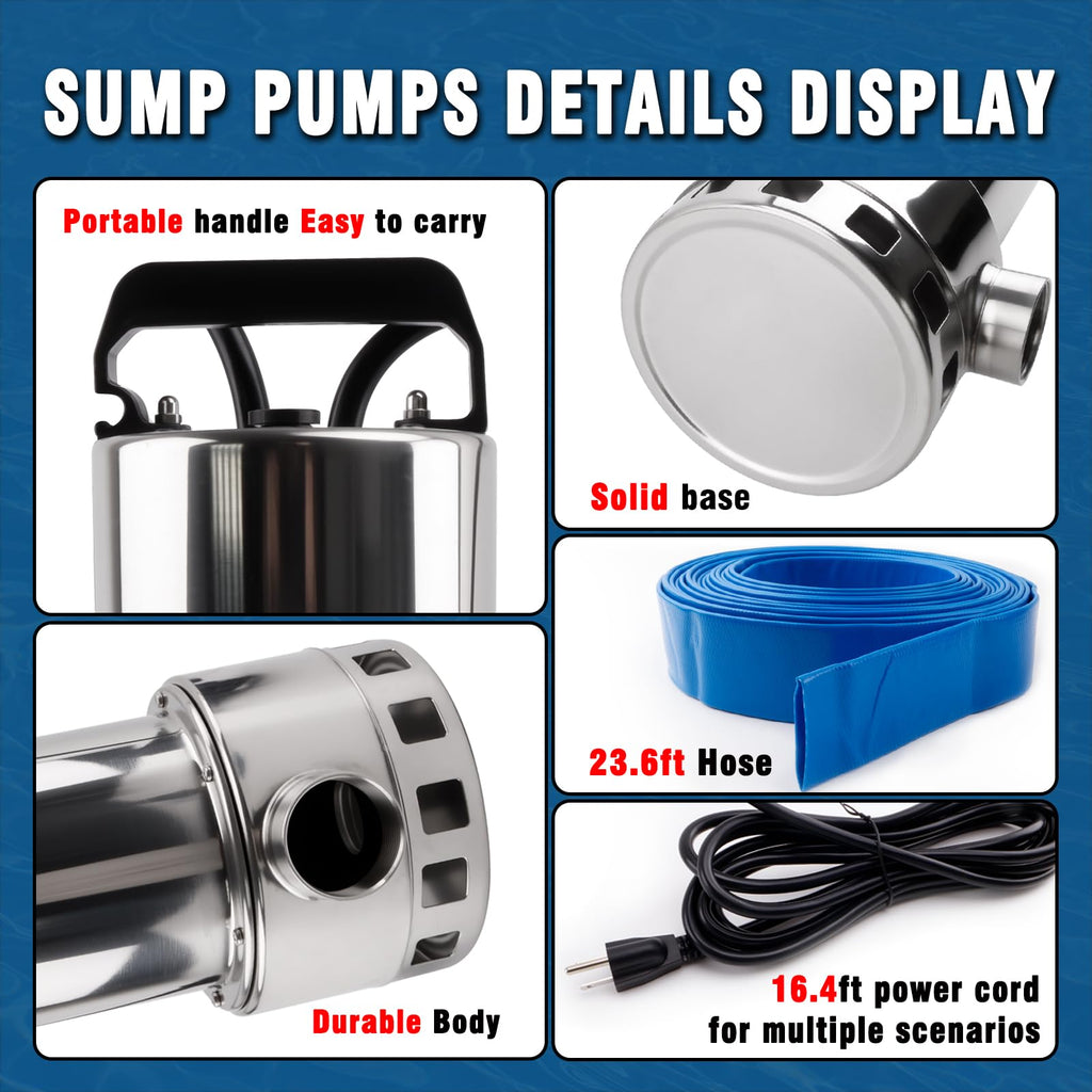 1.2HP Submersible Water Pump, 4000GPH Water Pump for Clean Water