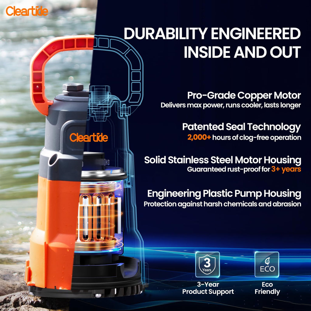 Cleartide 1/3 HP Submersible Utility Pump, 2790 GPH High Flow, Portable Sump Pump with Auto Water Sensor, Ideal for Pool, Flooded Basement, Hot Tub, Pond and Garden Draining
