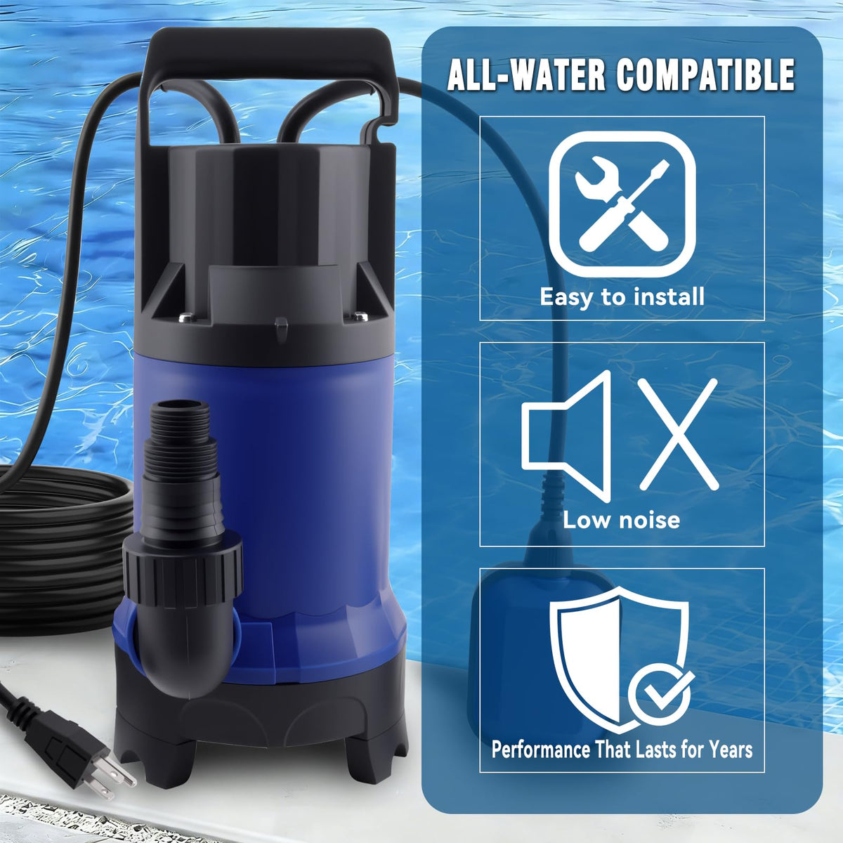 1.2HP Submersible Water Pump, 4000GPH Water Pump for Clean Water