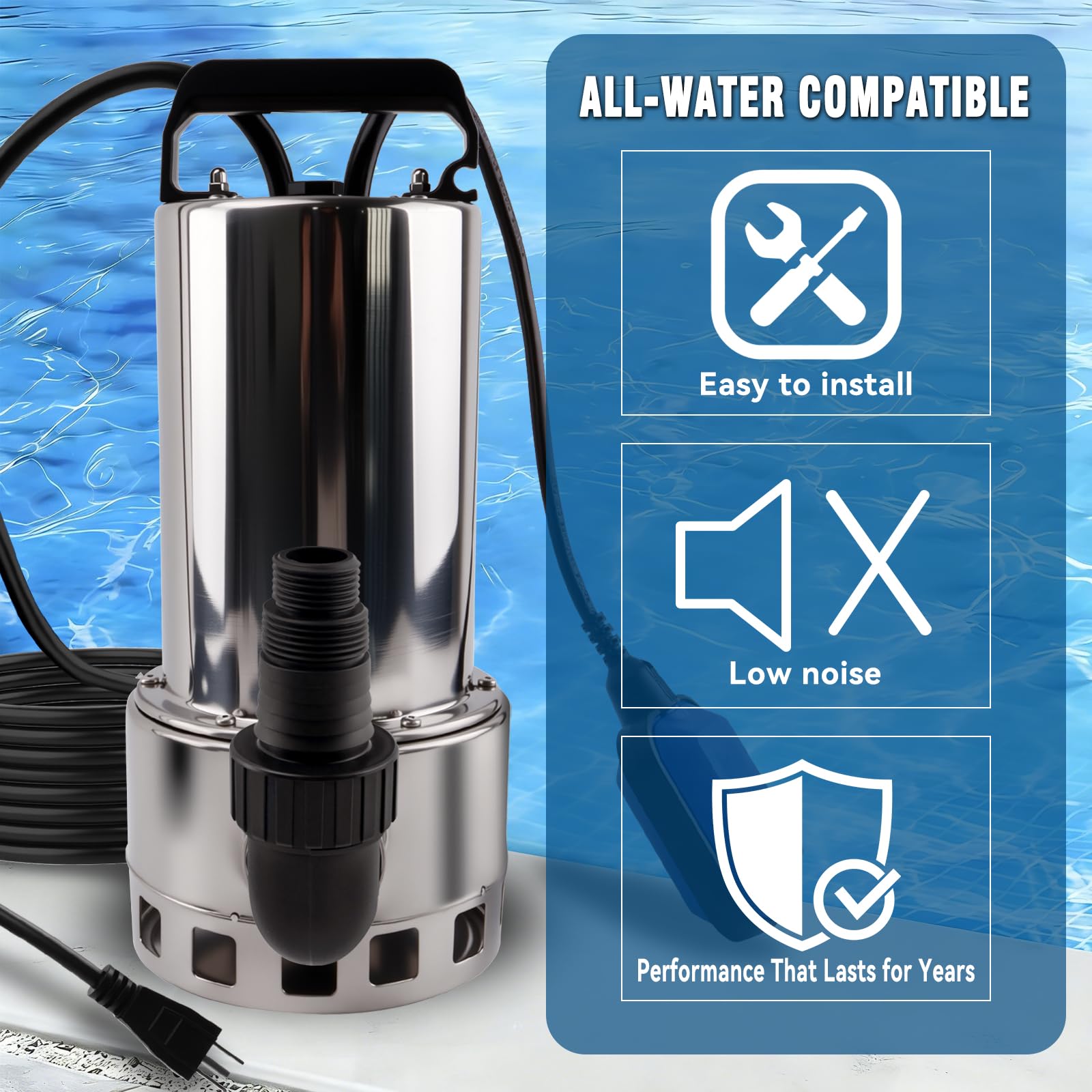 1.2HP Submersible Water Pump, 4000GPH Water Pump for Clean Water
