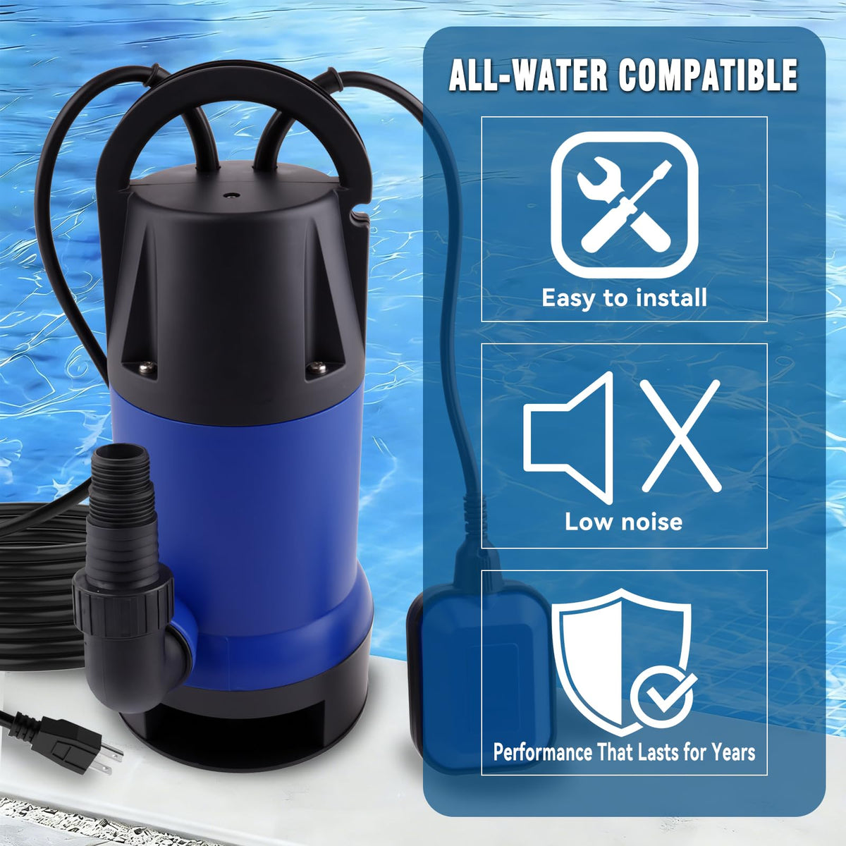 1.2HP Submersible Water Pump, 4000GPH Water Pump for Clean Water