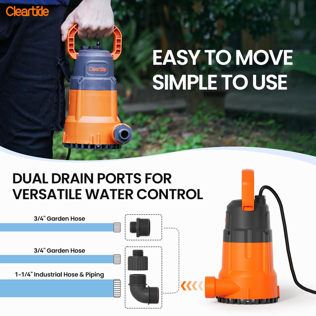 Cleartide 1/3 HP Submersible Utility Pump, 2790 GPH High Flow, Portable Sump Pump with Auto Water Sensor, Ideal for Pool, Flooded Basement, Hot Tub, Pond and Garden Draining