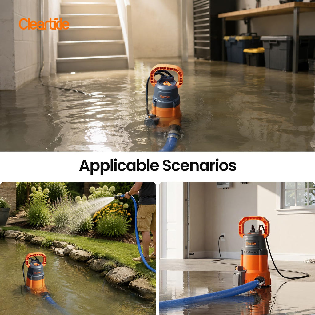 Cleartide 1/3 HP Submersible Utility Pump, 2790 GPH High Flow, Portable Sump Pump with Auto Water Sensor, Ideal for Pool, Flooded Basement, Hot Tub, Pond and Garden Draining