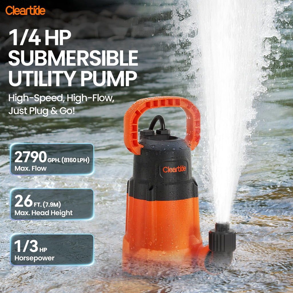 Cleartide 1/3 HP Submersible Utility Pump, 2790 GPH High Flow, Portable Sump Pump with Auto Water Sensor, Ideal for Pool, Flooded Basement, Hot Tub, Pond and Garden Draining