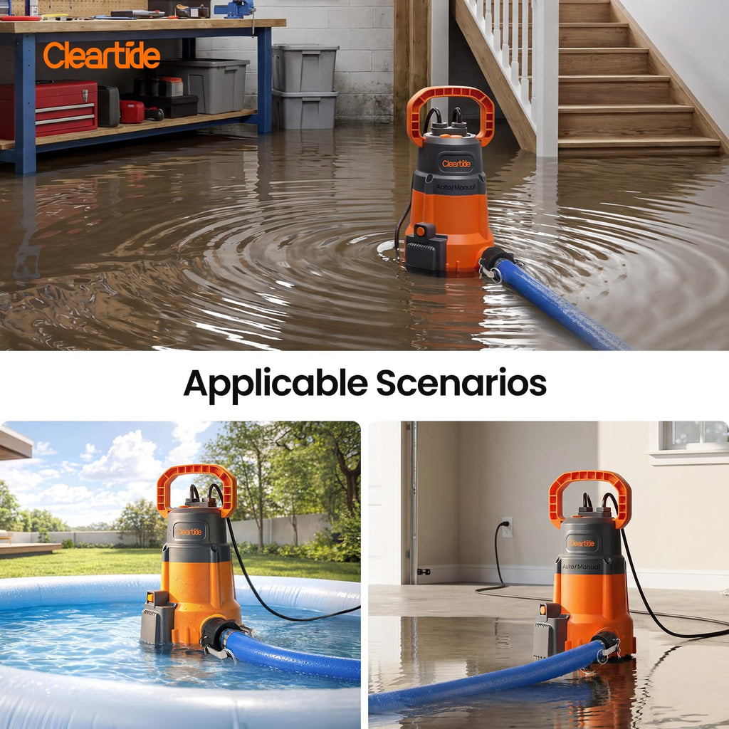 Cleartide 1/3 HP Submersible Utility Pump, 2790 GPH High Flow, Portable Sump Pump with Auto Water Sensor, Ideal for Pool, Flooded Basement, Hot Tub, Pond and Garden Draining