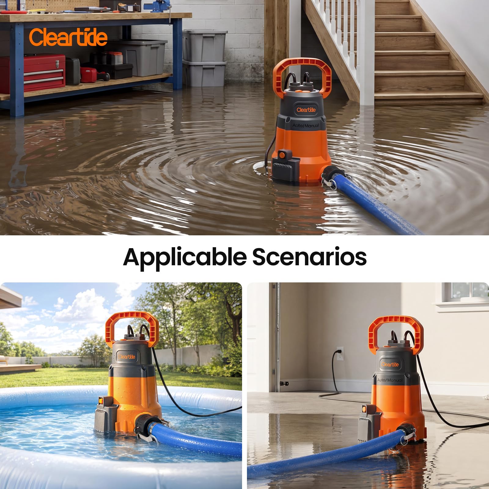 Cleartide 1/3 HP Submersible Utility Pump, 2790 GPH High Flow, Portable Sump Pump with Auto Water Sensor, Ideal for Pool, Flooded Basement, Hot Tub, Pond and Garden Draining