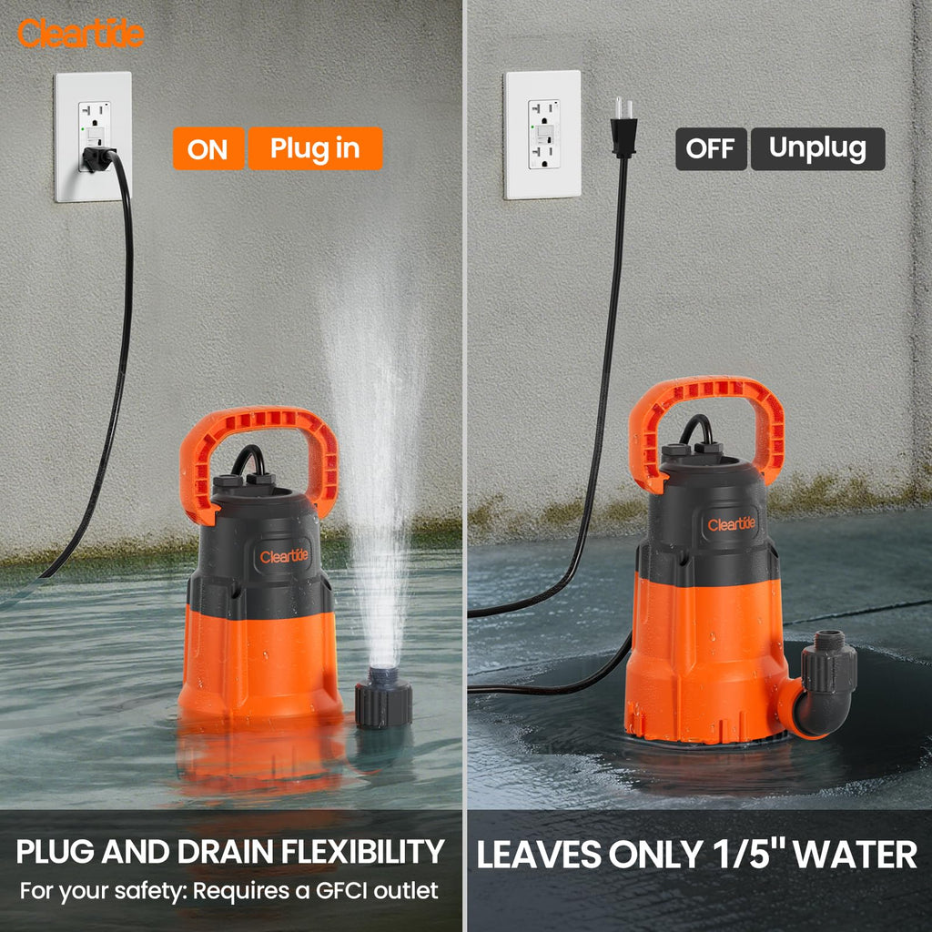 Cleartide 1/3 HP Submersible Utility Pump, 2790 GPH High Flow, Portable Sump Pump with Auto Water Sensor, Ideal for Pool, Flooded Basement, Hot Tub, Pond and Garden Draining