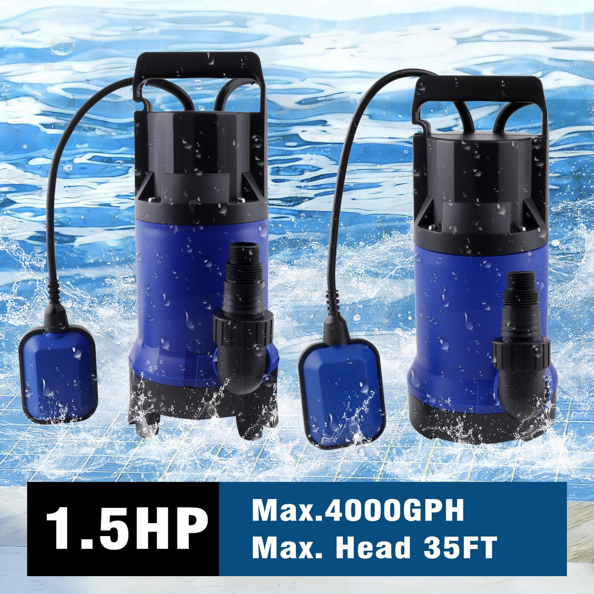 1.2HP Submersible Water Pump, 4000GPH Water Pump for Clean Water