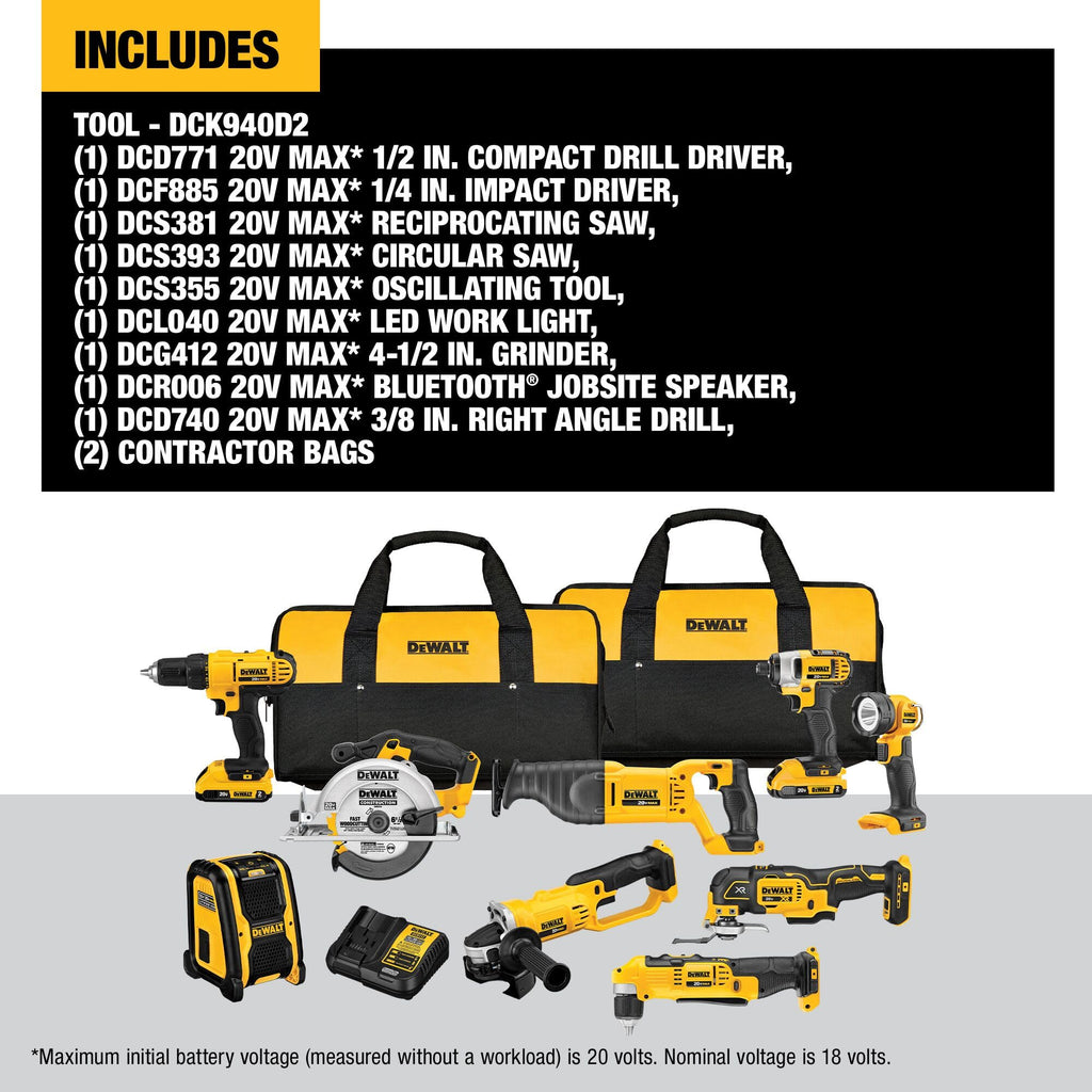 DEWALT 20V MAX 5Ah, Brushless 9 Power Tools with Battery, Charger, Drill, Impact Driver, Reciprocating Saw, Circular Saw, Oscillating Tool, Grinder, Orbit Sander, Impact Wrench, Flashlight (DCK921P1)