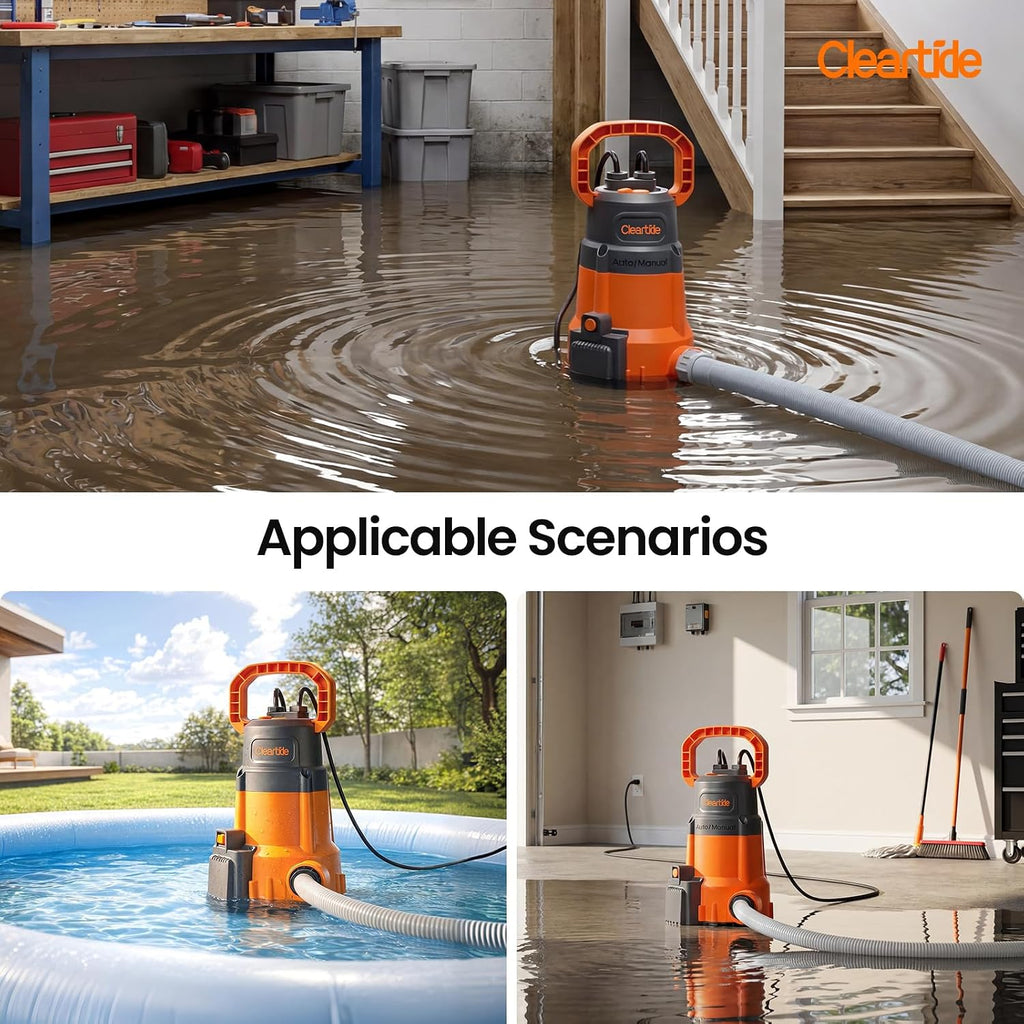 Cleartide 1/3 HP Submersible Utility Pump, 2790 GPH High Flow, Portable Sump Pump with Auto Water Sensor, Ideal for Pool, Flooded Basement, Hot Tub, Pond and Garden Draining