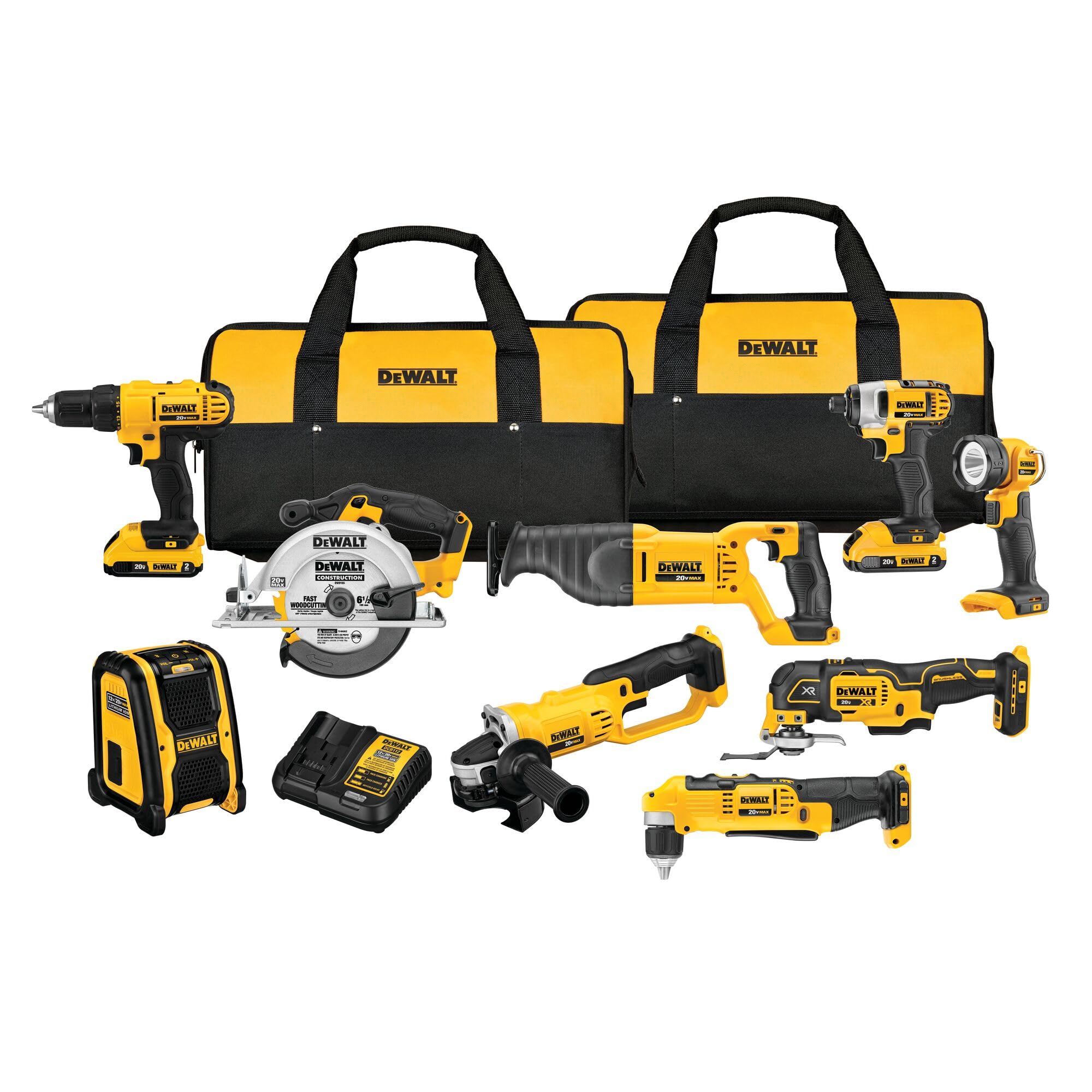 DEWALT 20V MAX 5Ah, Brushless 9 Power Tools with Battery, Charger, Drill, Impact Driver, Reciprocating Saw, Circular Saw, Oscillating Tool, Grinder, Orbit Sander, Impact Wrench, Flashlight (DCK921P1)