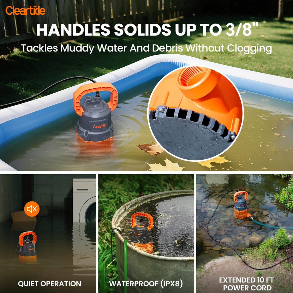 Cleartide 1/3 HP Submersible Utility Pump, 2790 GPH High Flow, Portable Sump Pump with Auto Water Sensor, Ideal for Pool, Flooded Basement, Hot Tub, Pond and Garden Draining