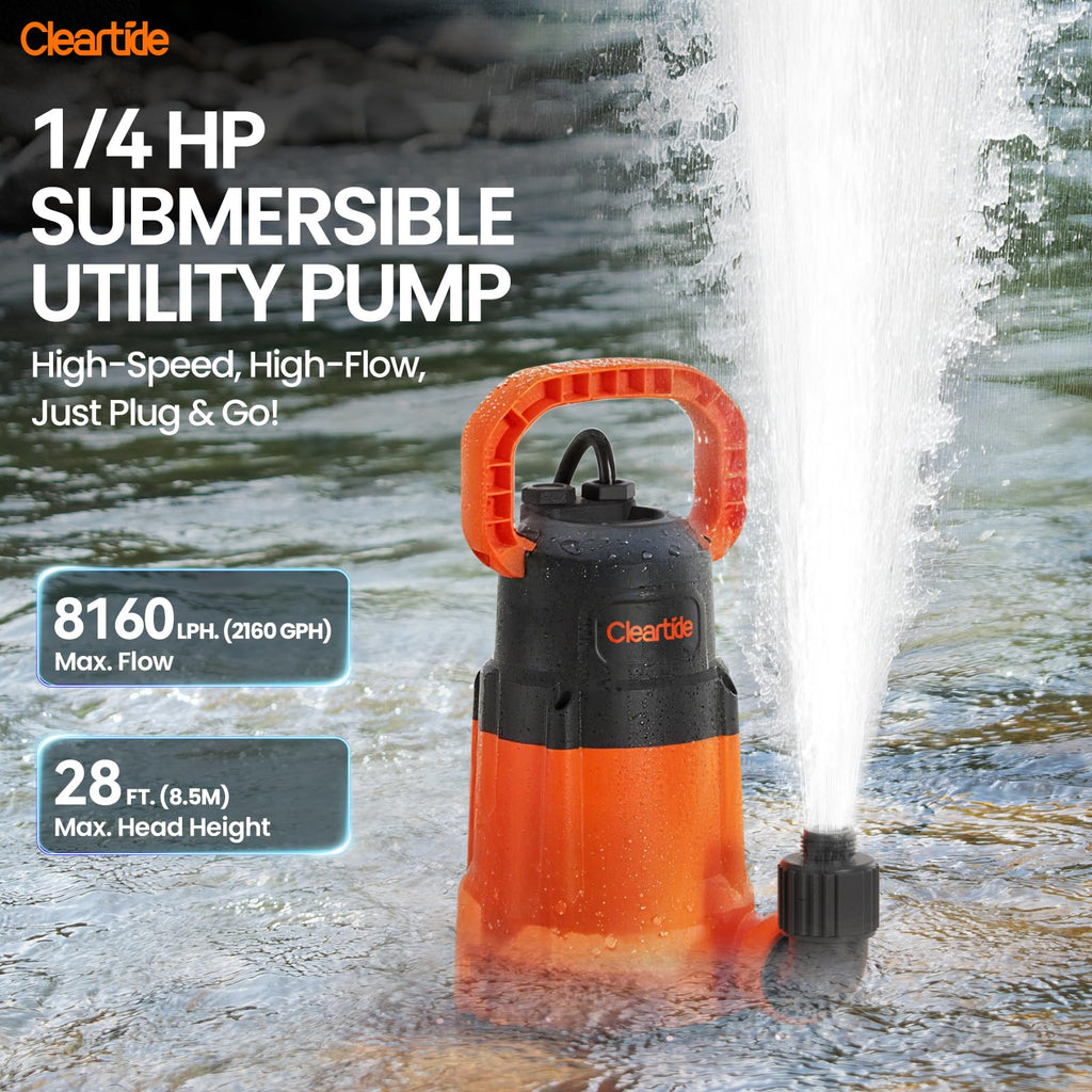 Cleartide 1/3 HP Submersible Utility Pump, 2790 GPH High Flow, Portable Sump Pump with Auto Water Sensor, Ideal for Pool, Flooded Basement, Hot Tub, Pond and Garden Draining