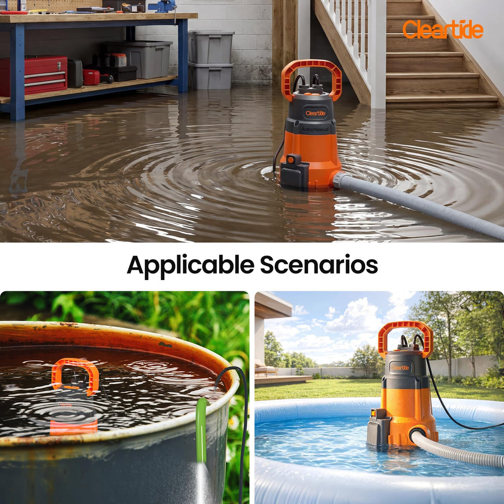 Cleartide 1/3 HP Submersible Utility Pump, 2790 GPH High Flow, Portable Sump Pump with Auto Water Sensor, Ideal for Pool, Flooded Basement, Hot Tub, Pond and Garden Draining
