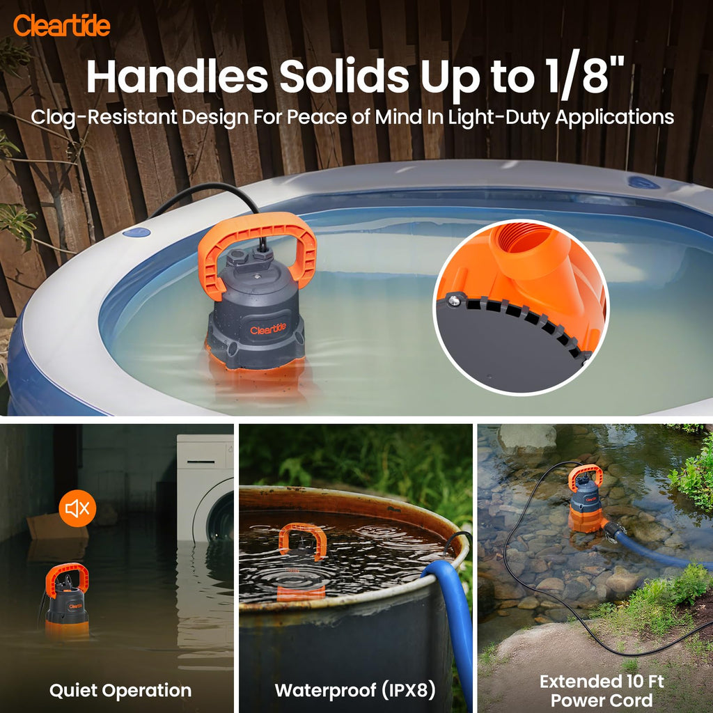 Cleartide 1/3 HP Submersible Utility Pump, 2790 GPH High Flow, Portable Sump Pump with Auto Water Sensor, Ideal for Pool, Flooded Basement, Hot Tub, Pond and Garden Draining