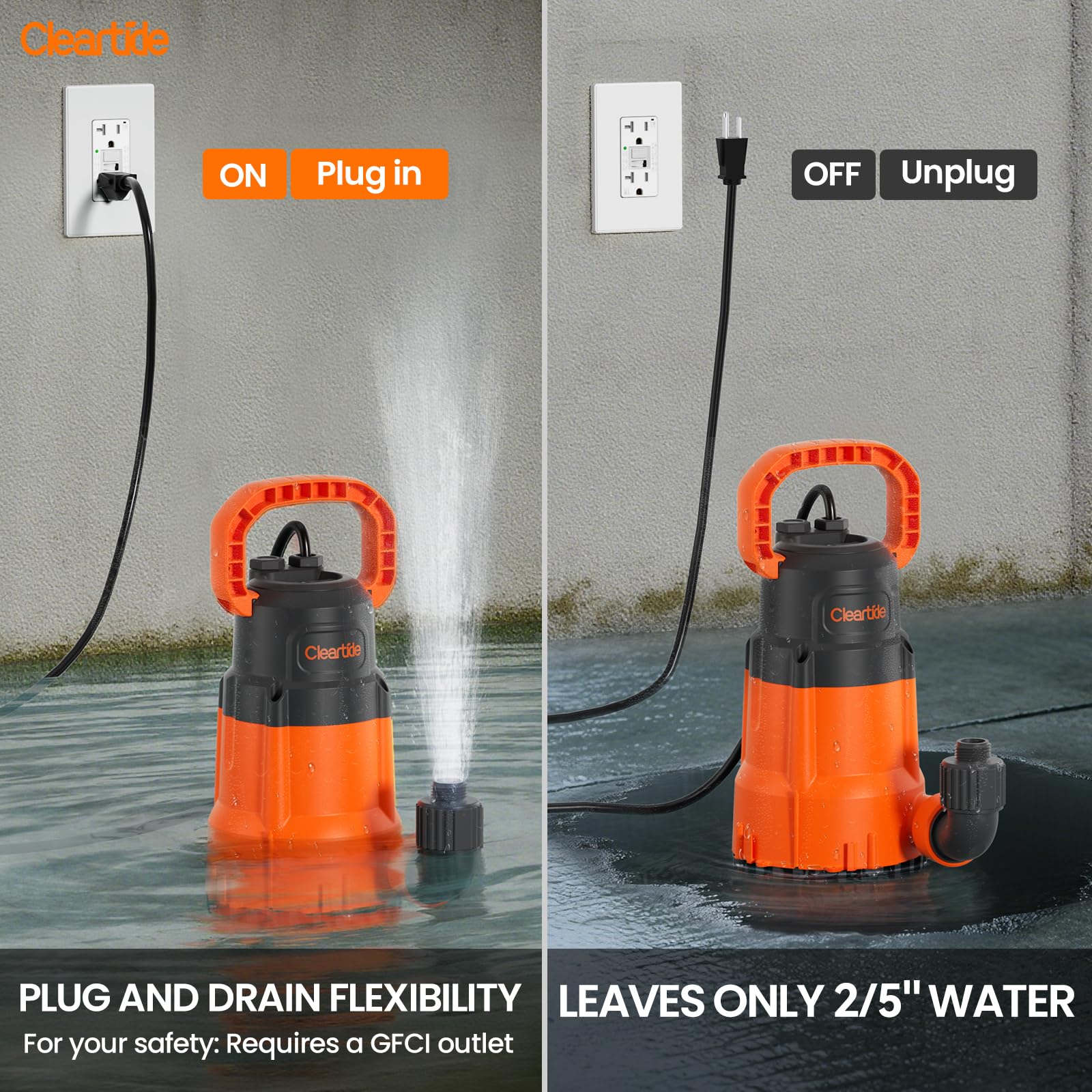 Cleartide 1/3 HP Submersible Utility Pump, 2790 GPH High Flow, Portable Sump Pump with Auto Water Sensor, Ideal for Pool, Flooded Basement, Hot Tub, Pond and Garden Draining
