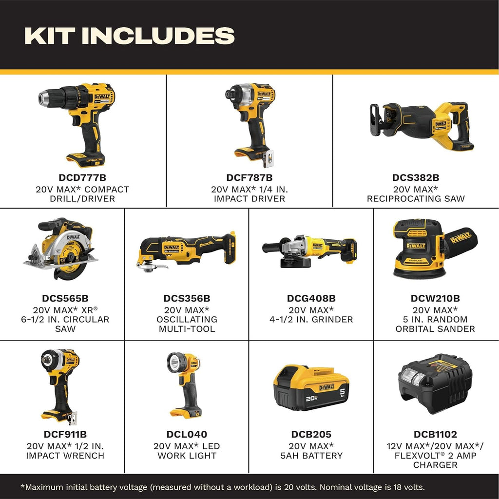 DEWALT 20V MAX 5Ah, Brushless 9 Power Tools with Battery, Charger, Drill, Impact Driver, Reciprocating Saw, Circular Saw, Oscillating Tool, Grinder, Orbit Sander, Impact Wrench, Flashlight (DCK921P1)