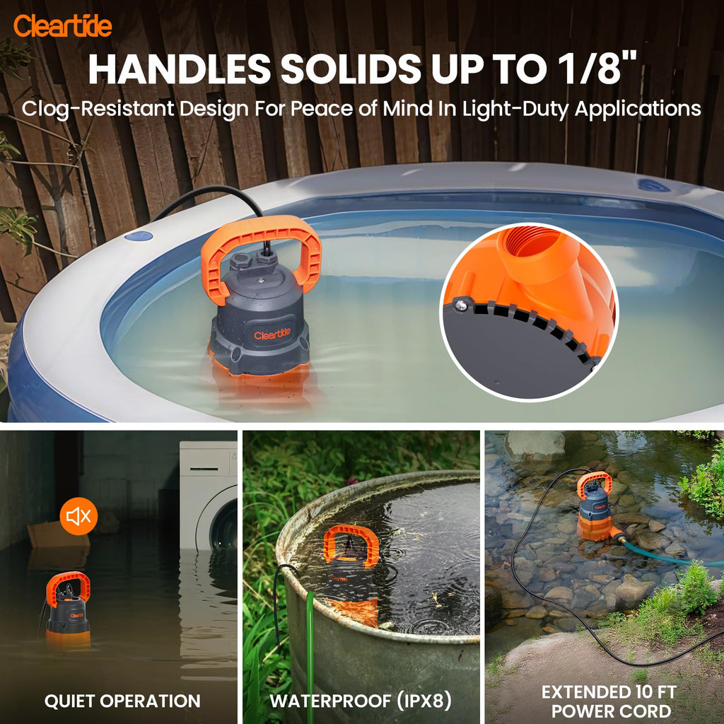 Cleartide 1/3 HP Submersible Utility Pump, 2790 GPH High Flow, Portable Sump Pump with Auto Water Sensor, Ideal for Pool, Flooded Basement, Hot Tub, Pond and Garden Draining