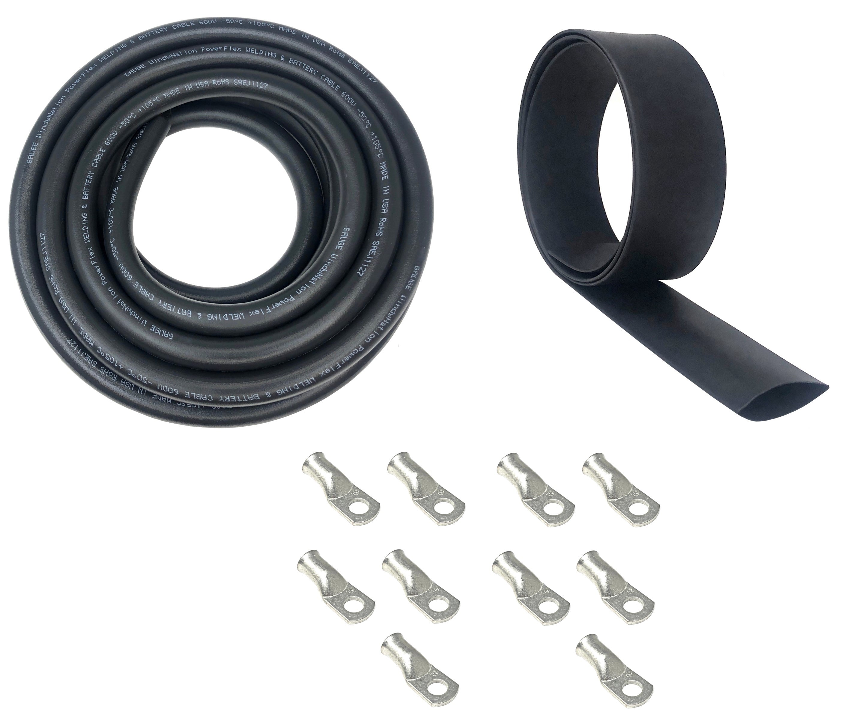 2 Gauge Welding Battery Cable Kit - Includes 5 pieces of 3/8" + 5 pieces of 5/16" Tinned Copper Cable Lugs and 3 Feet Black Heat Shrink Tubing
