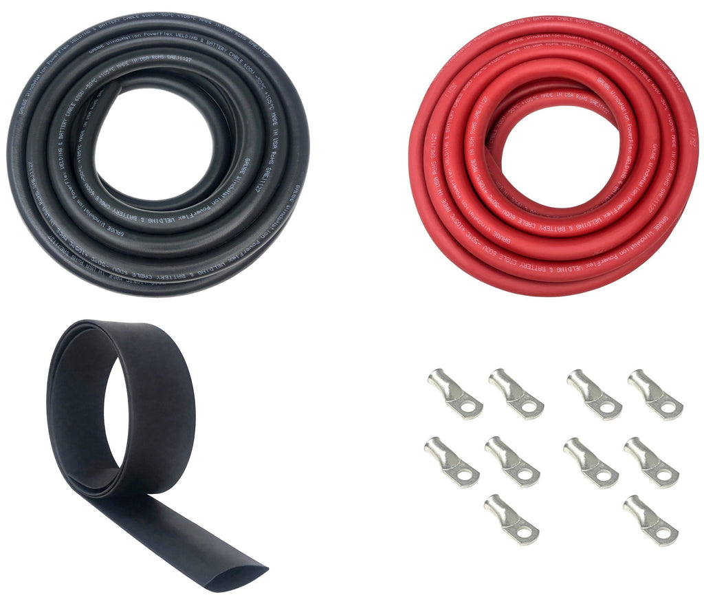 2 Gauge Welding Battery Cable Kit - Includes 5 pieces of 3/8" + 5 pieces of 5/16" Tinned Copper Cable Lugs and 3 Feet Black Heat Shrink Tubing
