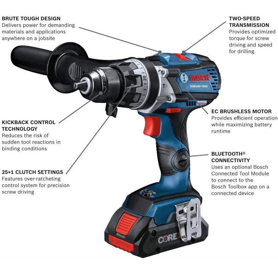 BOSCH GSB18V-755CB25 18V Brute Tough Hammer Drill w/ 2 4.0Ah Core Compact Batteries - GSB18V-755CB25