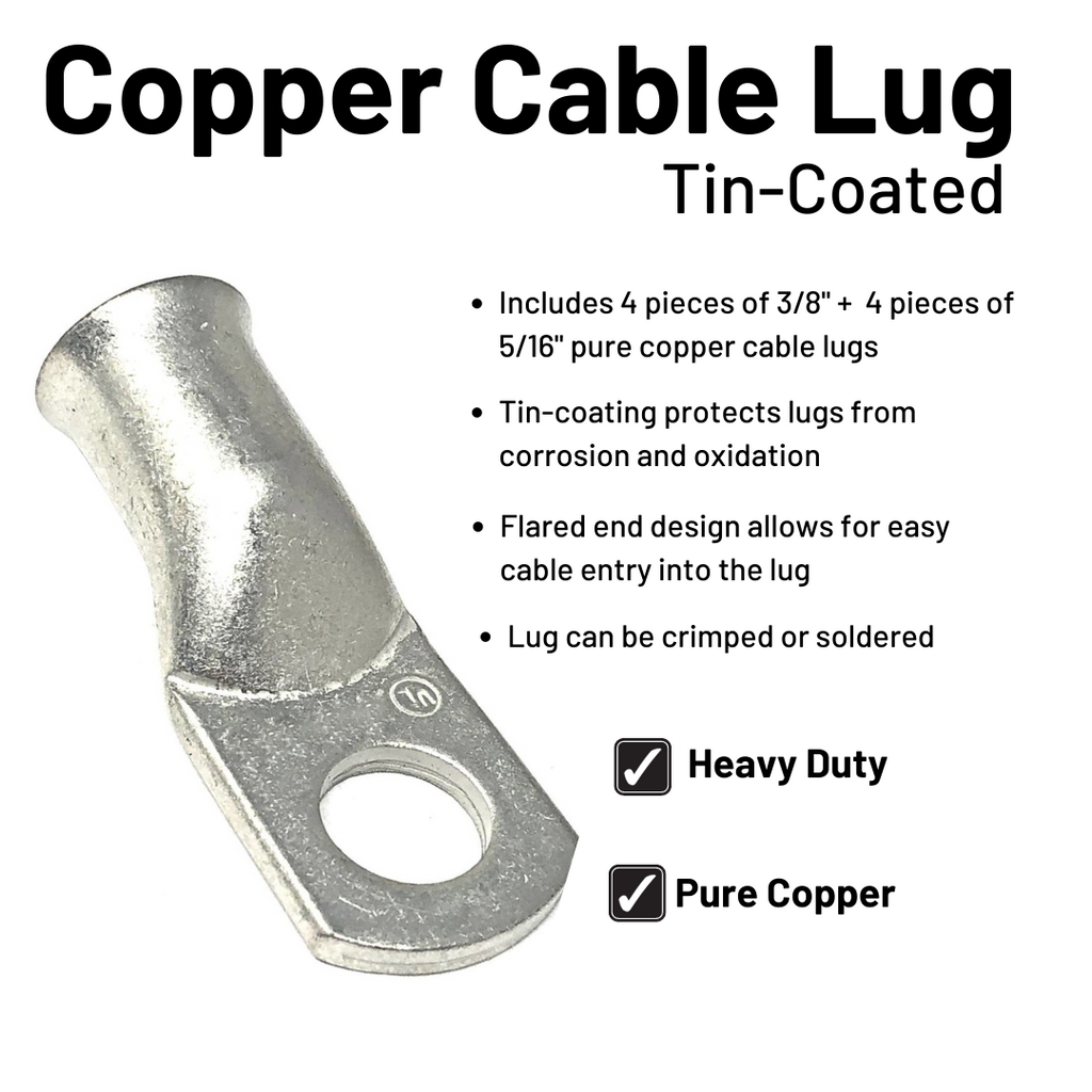 2 Gauge Welding Battery Cable Kit - Includes 5 pieces of 3/8" + 5 pieces of 5/16" Tinned Copper Cable Lugs and 3 Feet Black Heat Shrink Tubing