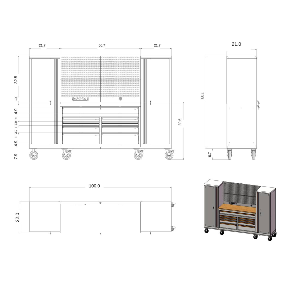 OCTOBER 100" Rolling Tool Chest Workstation with Bench Top & Side Cabinets