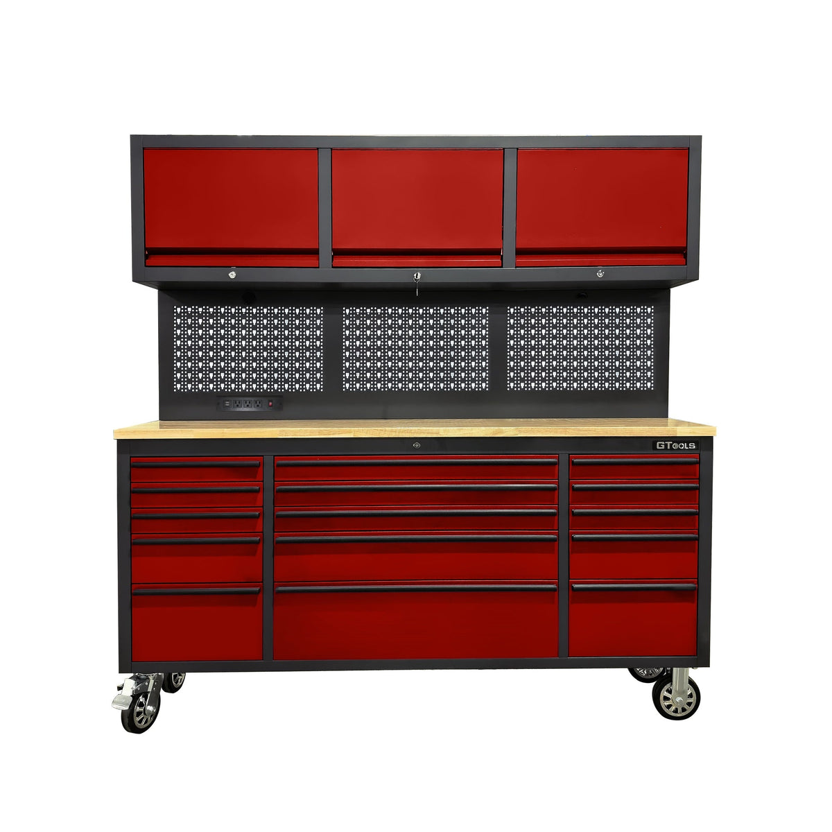 72 inch Rolling Tool Chest with Light & Power Strips, Workbench, Upper Cabinets & Pegboard