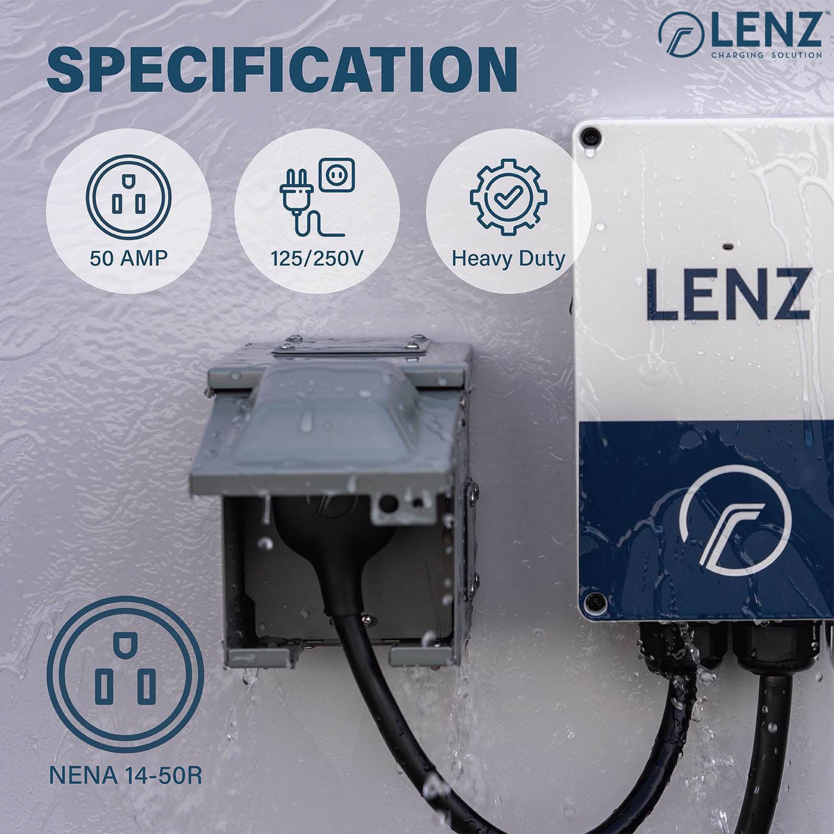 LENZ 50 Amp 125/250V NEMA 14-50 Power Outlet Box, Weatherproof Lockable Receptacle, ETL Safety Certified, for EVs RV Camper Trailer Home (NOT for Continuous Use)