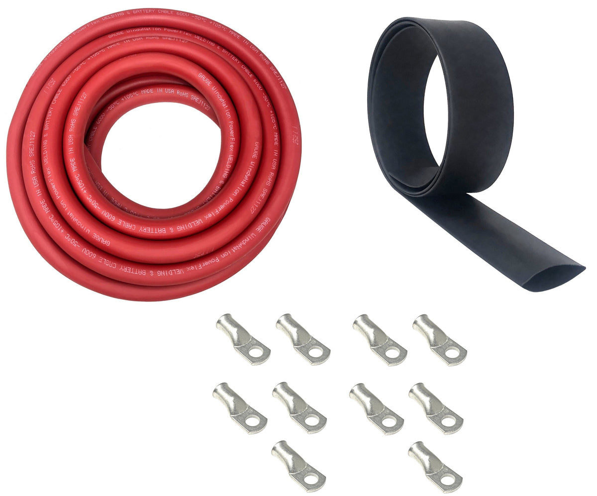 2 Gauge Welding Battery Cable Kit - Includes 5 pieces of 3/8" + 5 pieces of 5/16" Tinned Copper Cable Lugs and 3 Feet Black Heat Shrink Tubing