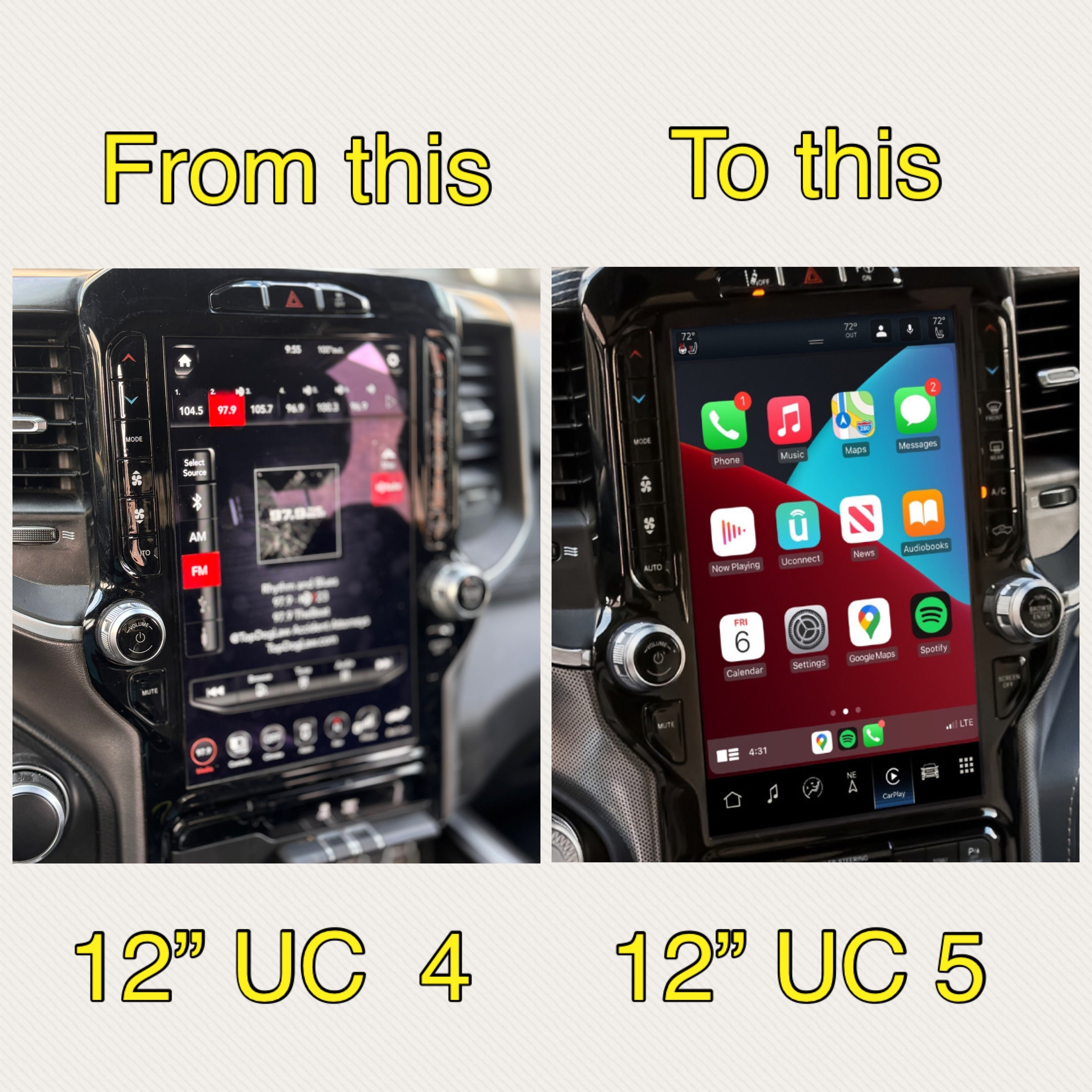 2019-2024 RAM 1500 UBQ Uconnect 5 Upgrade kit with 12-inch Touchscreen including Wireless Apple CarPlay / Android Auto