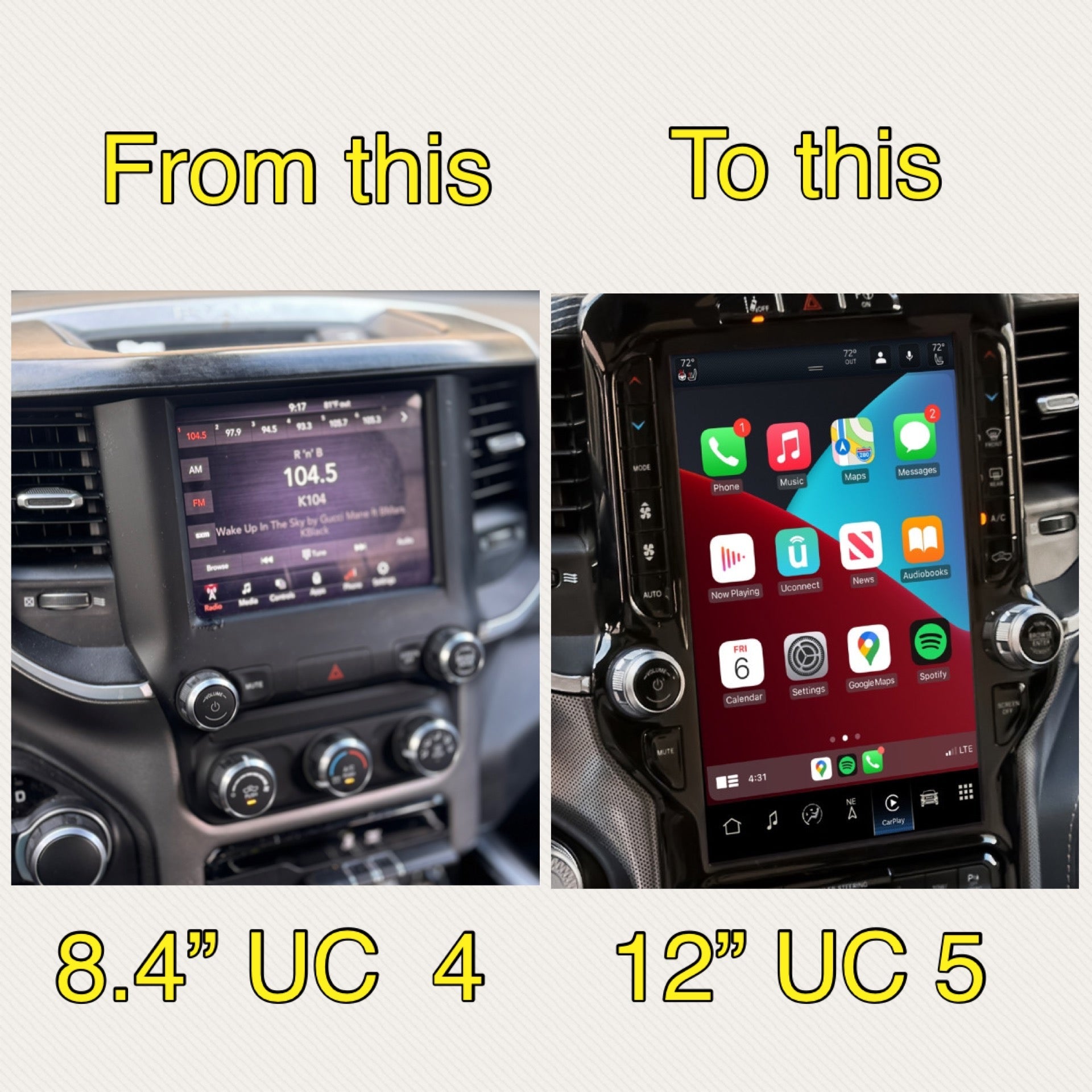 2019-2024 RAM 1500 UBQ Uconnect 5 Upgrade kit with 12-inch Touchscreen including Wireless Apple CarPlay / Android Auto